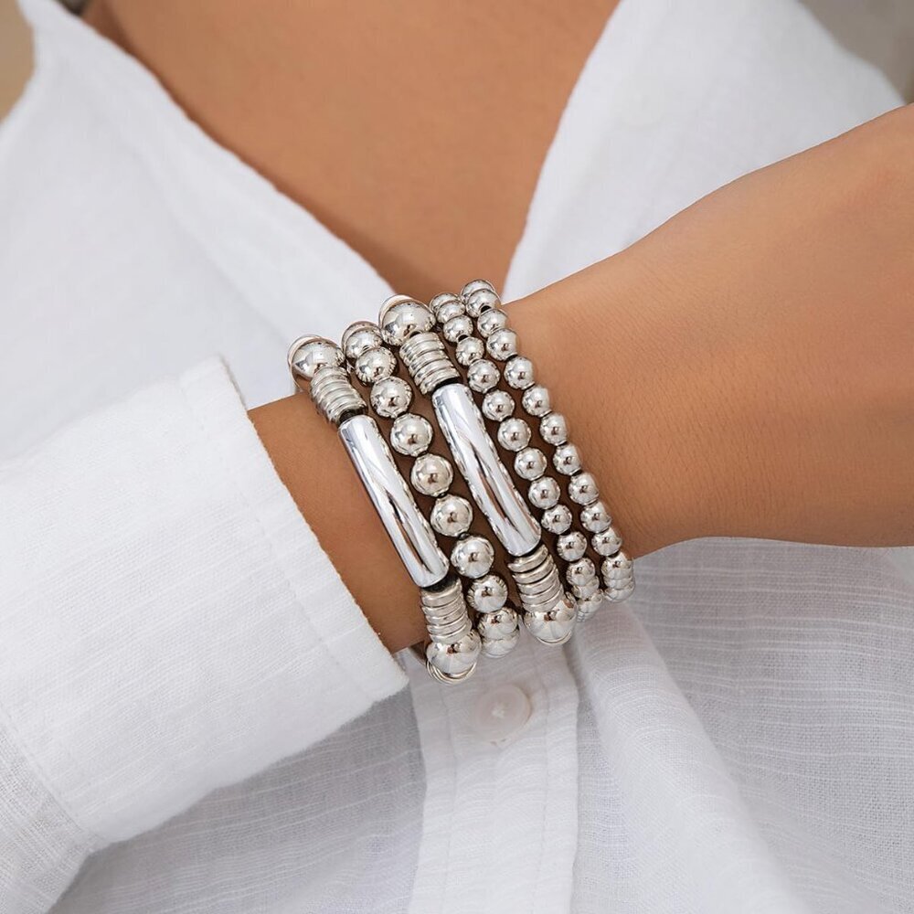 5pcs Layered Beaded Bracelets Set for Women Dainty Stretch Elastic Round Ball Be - Picture 2 of 6